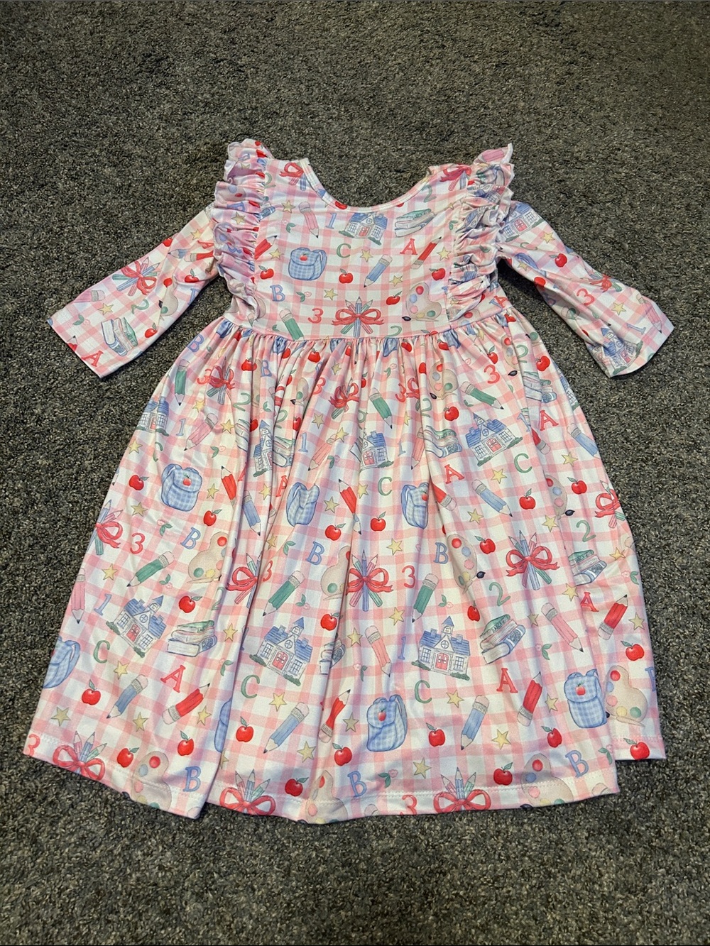 Mila & Rose Girls Pink School-Print Ruffle Long-Sleeve Dress